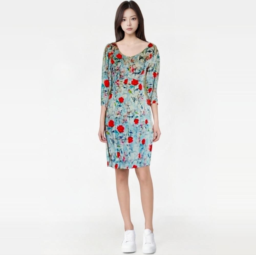 Vintage Multi-color Floral A Line Silk Dress‎